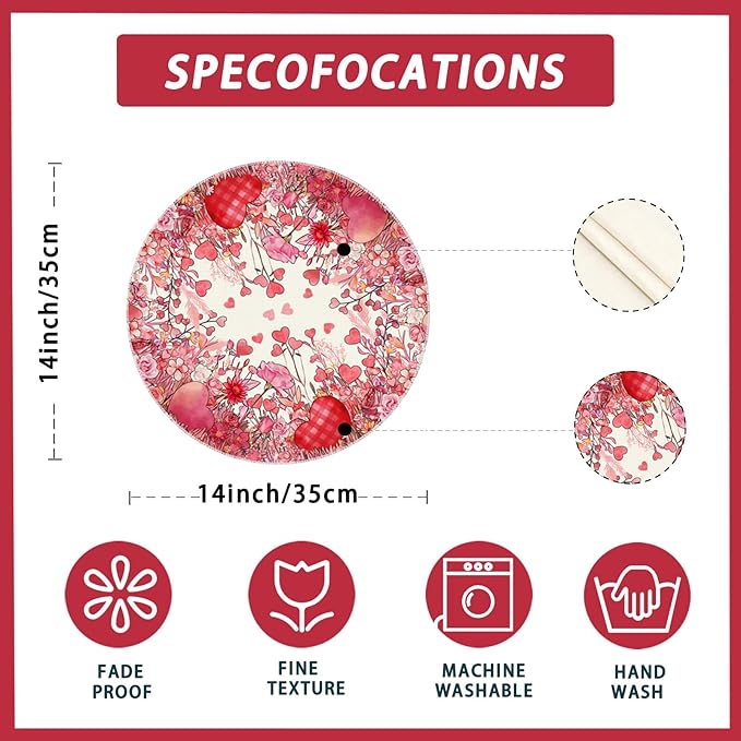 XCHI Wild Flowers Love Hearts Valentine?셲 Day Round Placemats Set of 4 Table Mats for Party Home Kitchen Dining Table Decorations 14x14 Inch