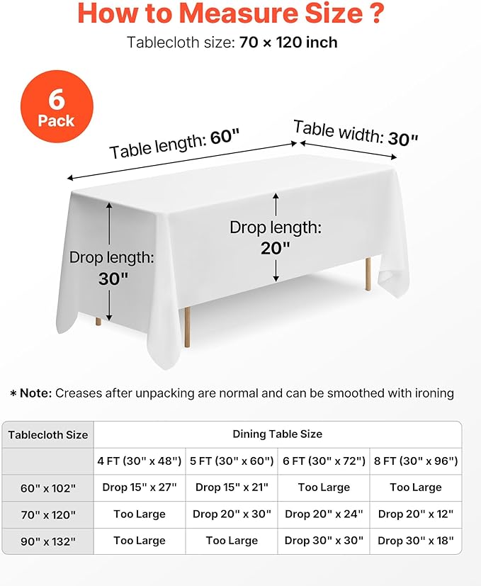 VEVOR White Tablecloths for Rectangle Tables, 6 Pack, 70 x 120 Inches, Reusable and Machine Washable Table Clothes, Wrinkle-Resistant Polyester Fabric Table Covers for Wedding, Party, Banquet