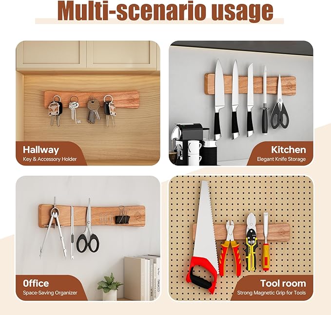 Premium Oak Wood Magnetic Knife Strip, 16" Magnetic Knife Holder for Wall with N52 Neodymium Magnets (Supreme Grade), Professional Knife Magnetic Strip Organizer for Kitchen Knives &Tools,No Drilling