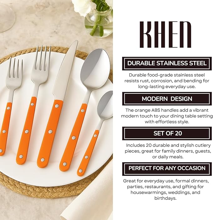 Khen 20-Piece Cutlery Set with Dinner Knives, Forks, Spoons, Salad Forks & Teaspoons ??Durable and Dishwasher Safe Utensil Set for Home, Kitchen, Parties & Special Occasions ??Orange Handle