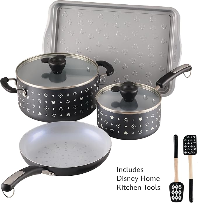 Farberware Disney Monochrome Ceramic Nonstick Cookware Pots and Pans with Baking/Bakeware Cookie Pan and Kitchen Cooking Tool Set, Dishwasher Safe, 8 Piece Cookware Set - Black