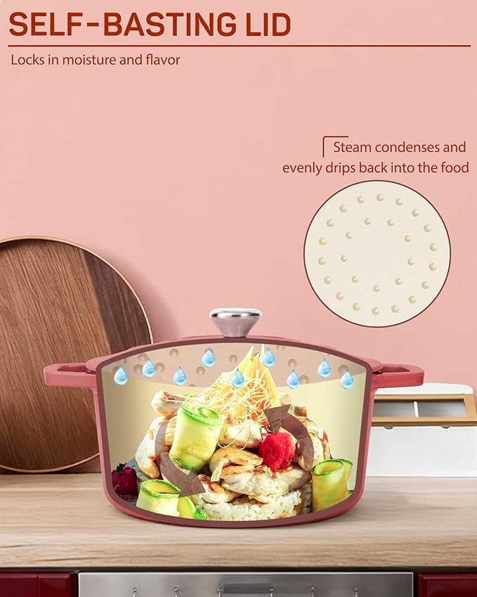 Enameled Cast Iron Dutch Oven ??6 Quart Pot with Lid & Potholders ??Heavy-Duty Cookware for Bread Baking, Braising, Stews & Roasting ??Oven & Stovetop Safe up to 500째F ??Red