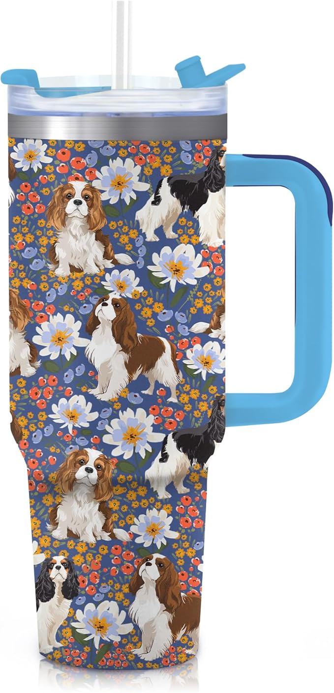 Yogusut Cavalier King Charles Spaniel Gifts for Women, 40oz Stainless Steel Insulated Tumbler Travel Mug Cup with Handle Straw, Gifts for Dog Mom Dog Lover
