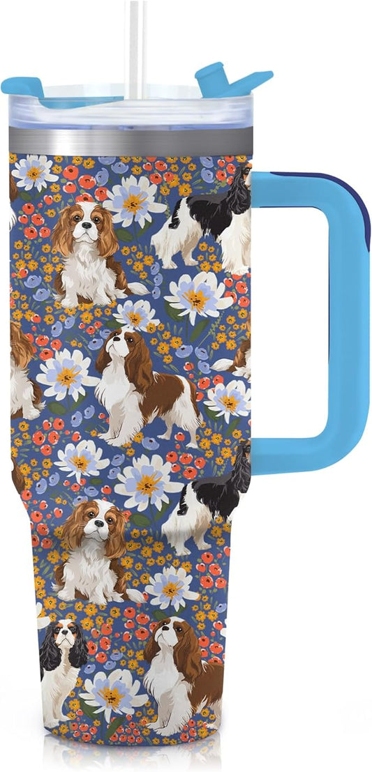 Yogusut Cavalier King Charles Spaniel Gifts for Women, 40oz Stainless Steel Insulated Tumbler Travel Mug Cup with Handle Straw, Gifts for Dog Mom Dog Lover