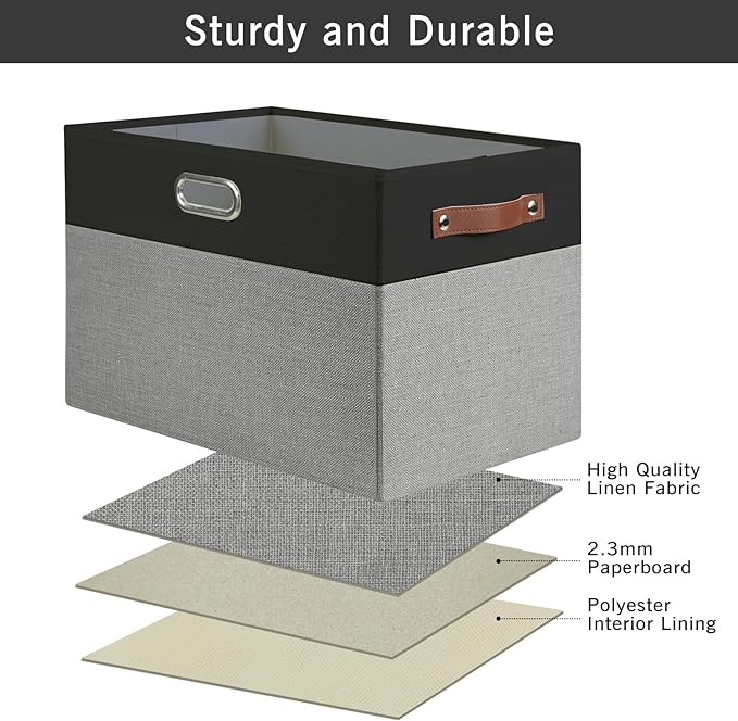 Bagnizer Large Collapsible Fabric Storage Bins with 3 Handles, Foldable Organizer Baskets for Closet, Shelves, Living Room | 3 Pack, Durable PU & Metal Handles (17"x11.8"x11.8", Black & Gray)