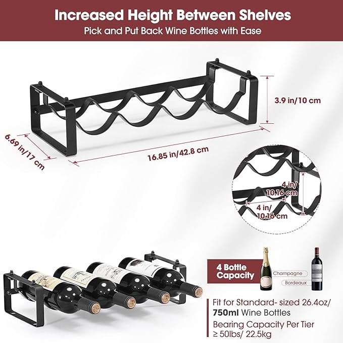 Stackable Wine Rack Countertop, 4 Bottles Wine Bottle Holder for Inside Cabinet, Small Tabletop Wine Holder Stand for Pantry Bar, 1-Tier Angle Adjustable Wine Bottle Rack for Tight Spaces