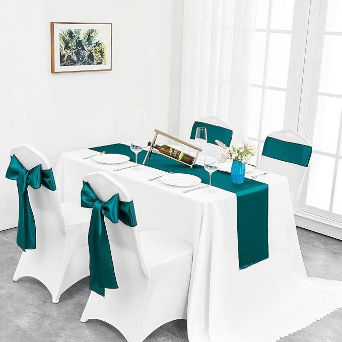 10-Pack Peacock Blue Satin Table Runner 12 x 108 Inch Long Bright and Smooth Silk Fabric Table Runner for Wedding Banquet Birthday Party Decoration