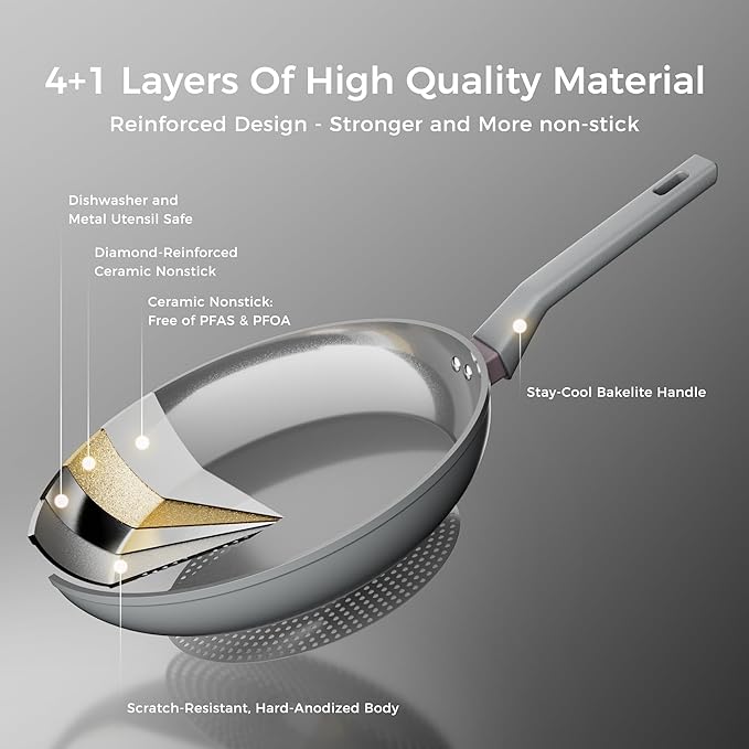 Sanho 10 Inch Frying Pan Nonstick, PFOS/PFOA/PTFE-Free Healthy Ceramic Coating, Induction Compatible Cookware for All Stovetops, Dishwasher Safe, Gray