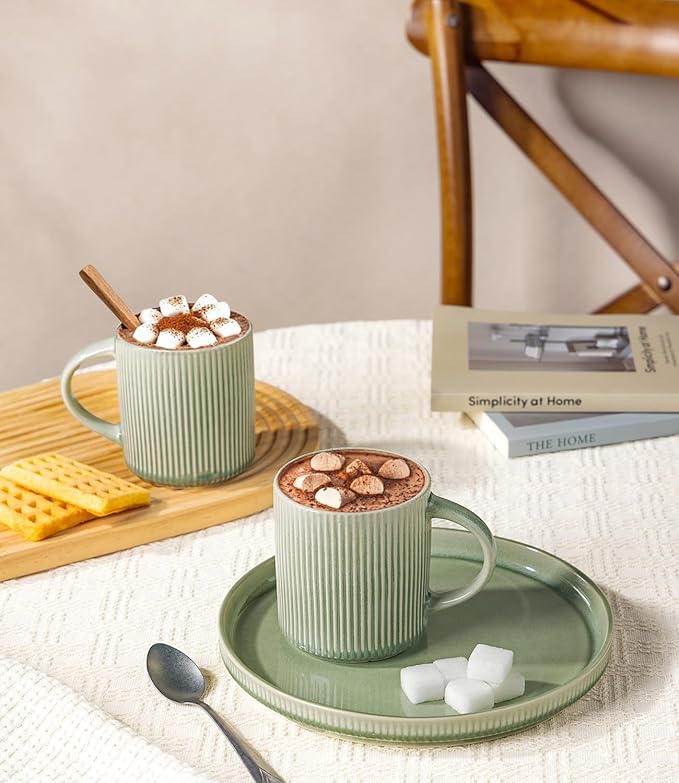 GBhome Coffee Mugs Set for 6, 11oz Coffee Cups with Handle for Man,Woman,Dad,Mom, Stoneware Mugs Sets for Coffee, Latte,Tea, Hot Cocoa, Milk, Dishwasher&Microwave Safe,Light Green
