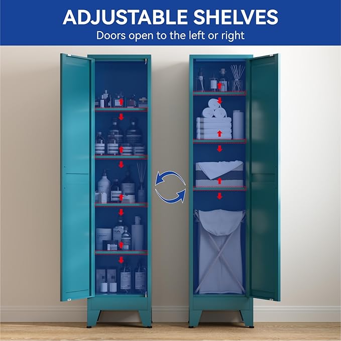 COFaR 67'' Tall Slim Bathroom Storage Cabinet, Metal Narrow Bathroom Cabinet with 4 Adjustable Shelves and One Door, Skinny Cabinet Storage for Kitchen Laundry, Peacock Blue Farmhouse 5 Tiers
