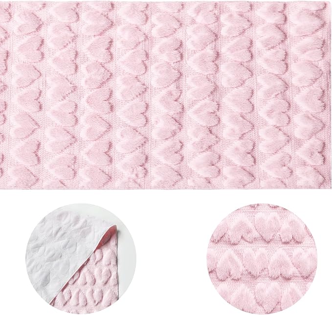 Artoid Mode Pink Soft Plush Faux Fur Jacquard Heart Valentine's Day Table Runner, Seasonal Kitchen Dining Table Decoration for Home Party Decor 13x36 Inch