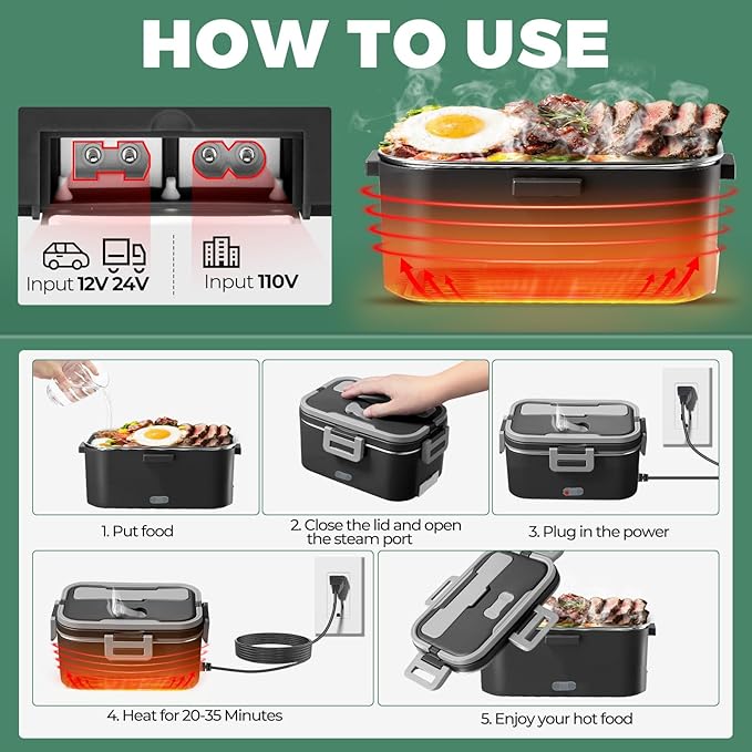 Vidaskeci Electric Lunch Box for Adults 100W Fast Heated Lunch Box for Men Women 1.8L Stainless 304Steel Containers Fast Heating Portable Food Warmer 12V/24V/110V Home/Car/Office/Truck(Black + Gray)