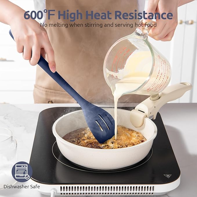 600쨘F Heat Resistant Silicone Spoon: U-Taste 13.3in Solid Kitchen Cooking Spoon, Nonstick Food Grade Large Soup Rubber Utensil for Mixing, Serving, Stirring, Basting, for Pot Cookware (Midnight Blue)