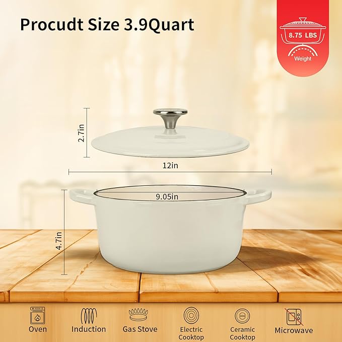 Enameled Cast Iron Dutch Oven Pot with Lid, 3.9 Quart Dutch Oven for Bread Baking, Oven Safe up to 500째 F, Suitable for Bread Baking, Braising, Roasting, Stews, White