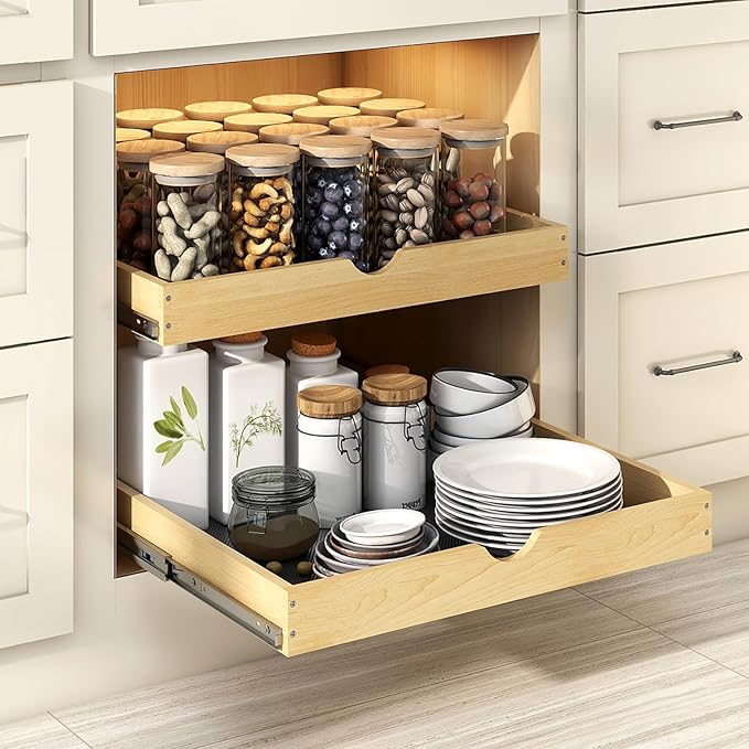 YORKING 2 Tier Pull Out Cabinet Organizer, 20" W x 21" D Wooden Cabinet Slide Out Shelves, Heavy-Duty Drawer Shelf for Pantry, Bathroom, Kitchen