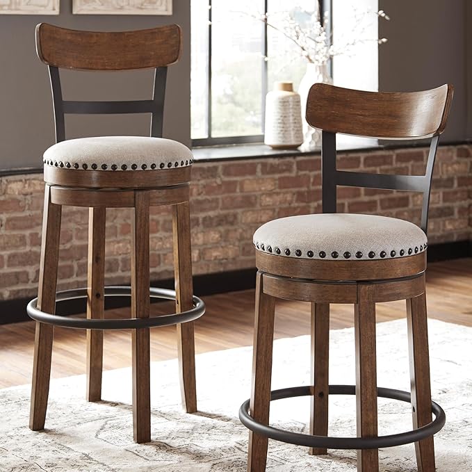 Signature Design by Ashley Valebeck Rustic Farmhouse Swivel Bar Stool ??24.5??Counter Height, 360째 Swivel Metal & Wood Frame, Polyester Upholstery ??Brown