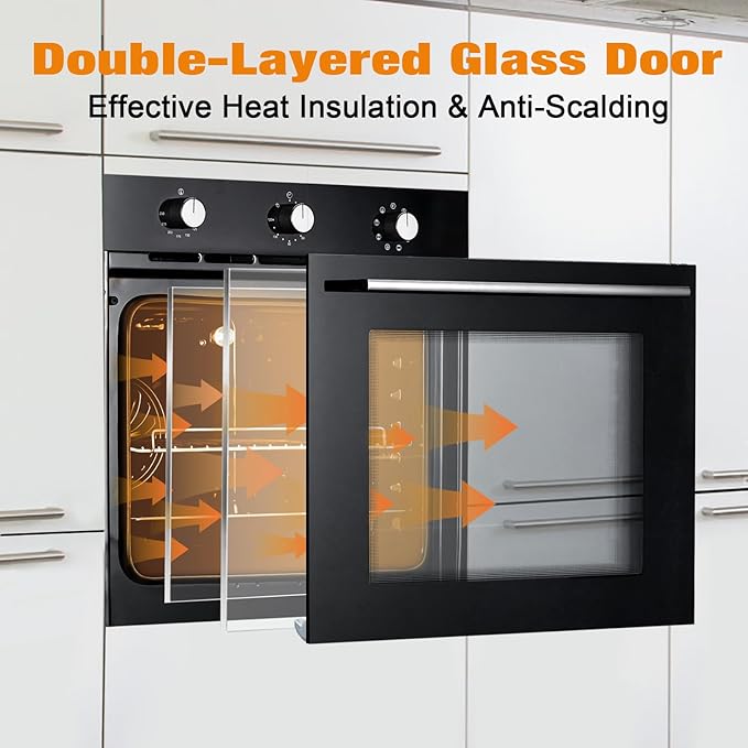 24 Inch Built-In Electric Wall Oven, 2.5 Cu.Ft Single Convection Oven with 8 Cooking Functions, 3000W High-Power Heating, Mechanical Knob Controls, Modern Black Finish