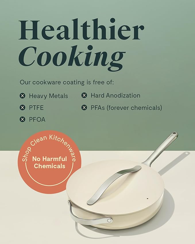 Caraway Nonstick Ceramic Saut챕 Pan with Lid (4.5 qt, 11.8") - Non Toxic, PTFE & PFOA Free - Oven Safe & Compatible with All Stovetops (Gas, Electric & Induction) - Marigold