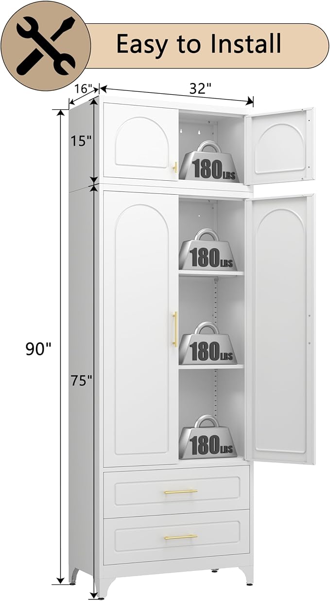 90??Tall Kitchen Pantry Cabinet,Storage Cabinet with Doors and Adjustable Shelves,Modern Kitchen Hutch Cabinets,Freestanding Cupboard for Dining Room