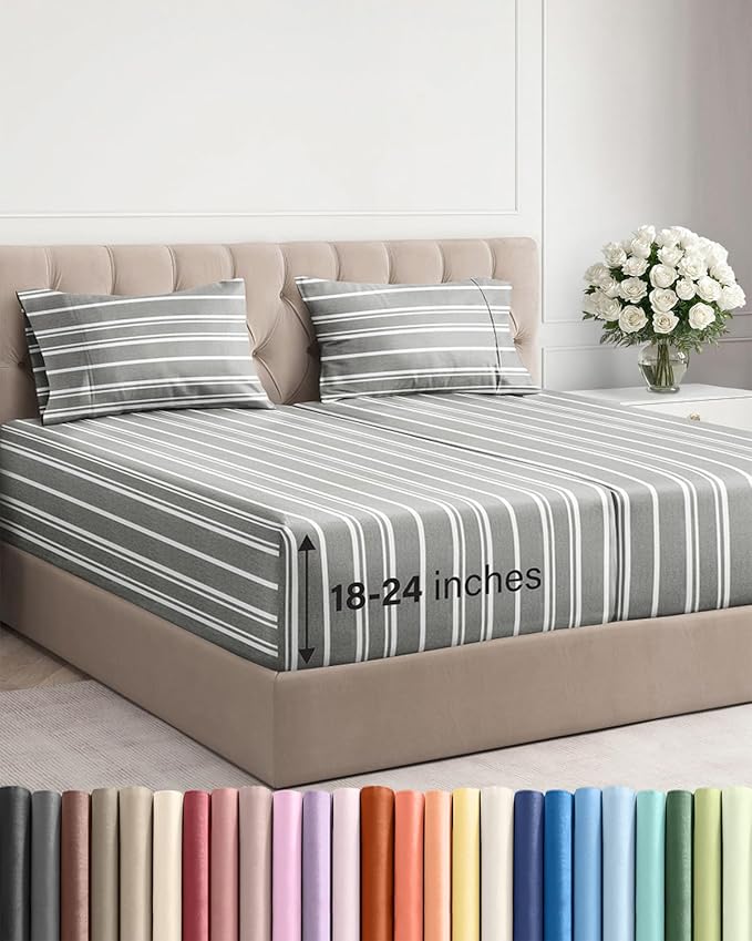 Extra Deep Pocket Split King Sheets - 5 Piece Breathable & Cooling Bed Sheets - Hotel Luxury Bed Sheet Set - Soft, Wrinkle Free & Comfy - Easily Fits Extra Deep Mattresses - Grey Striped Sheets Set
