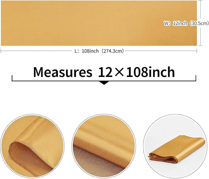 4-Pack Old Gold Satin Table Runner 12 x 108 Inch Long Bright and Smooth Silk Fabric Table Runner for Wedding Banquet Birthday Party Decoration