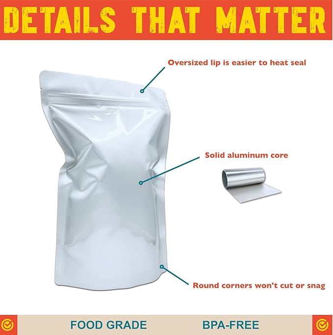 2 Quart Mylar Bags, 8 Mil per Side, Stand-Up Vacuum Seal Bag for Long-Term Food Storage, Dehydrated Meals [50-Pack | 8" x 12" x 4"]