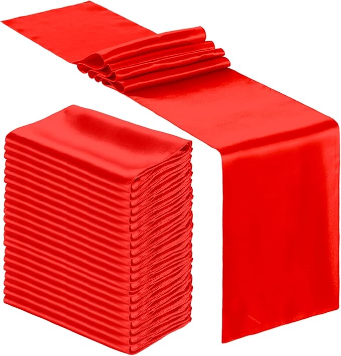 Bencailor 24 Pcs Bright Red Satin Table Runner Bulk 12 x 108 Inches Long Table Runners Bright Smooth Fabric Tablecloth for Wedding Banquet Birthday Valentines St Patrick's Day Party Decorations