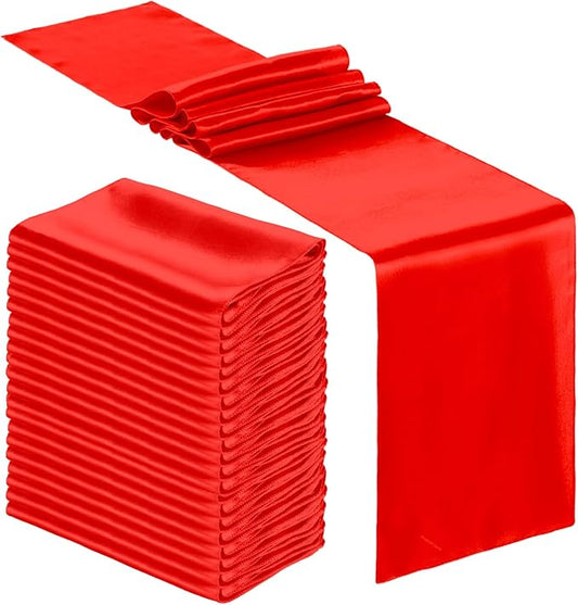 Bencailor 24 Pcs Bright Red Satin Table Runner Bulk 12 x 108 Inches Long Table Runners Bright Smooth Fabric Tablecloth for Wedding Banquet Birthday Valentines St Patrick's Day Party Decorations