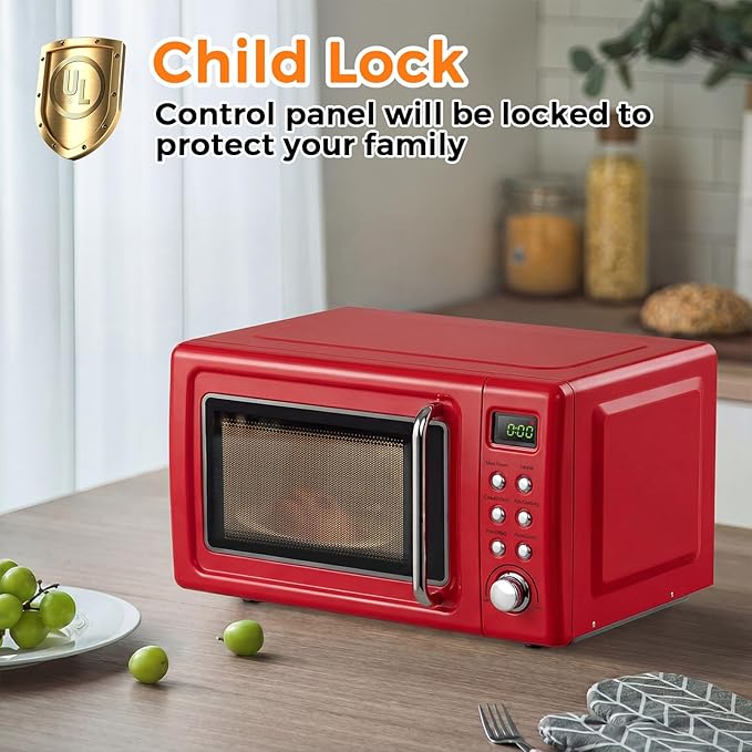 ARLIME Retro Microwave 0.7Cu.ft, 700 Watt Countertop Microwave with 5 Micro Power Defrost & Auto Cooking Function, LED Display, Child Lock, Small Microwave for Kitchen, RV, Dorm (Retro Red)