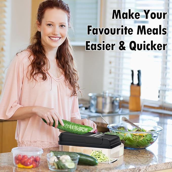 SpaceHacks 12-in-1 Vegetable Chopper, Kitchen Gadgets with 7 Blades, Veggie, Food, Onion Chopper, Cucumber Slicer, Versatile Mandoline, Includes Egg Separator & Finger Guard, Gray