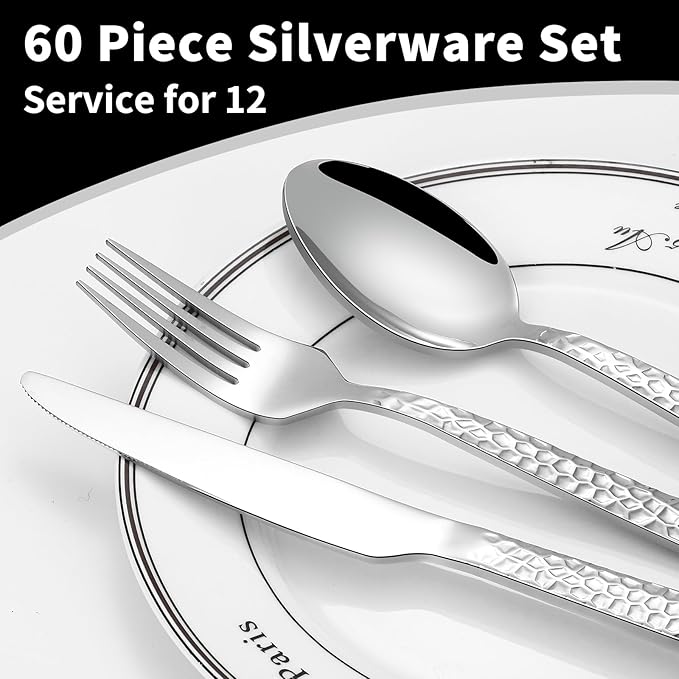 60 Piece Silverware Set for 12, Amafox Stainless Steel Hammered Flatware Set, Kitchen Utensil Cutlery Silverware Set Include Fork Spoon Knife, Mirror Finished Silverware Sets, Dishwasher Safe