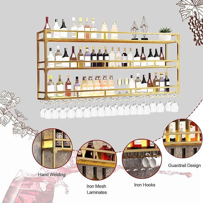 Wall Mounted Wine Rack, Floating Industrial Liquor Glass Holder 3 Tiers, Large Metal Wine Bottle Display Rack Hanging Shelf, for Home Bar Dining Room Decorative (Black, 47.24x35.43x9.84in)