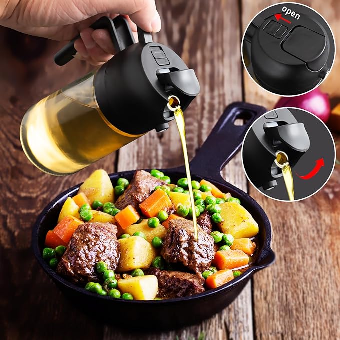 2 in 1 Glass Oil Sprayer & Dispenser,16oz/470ml Olive Cooking, Air Fryer, and Salad, for Kitchen Gadgets and Air Fryer Accessories, w/Stickers (Black)