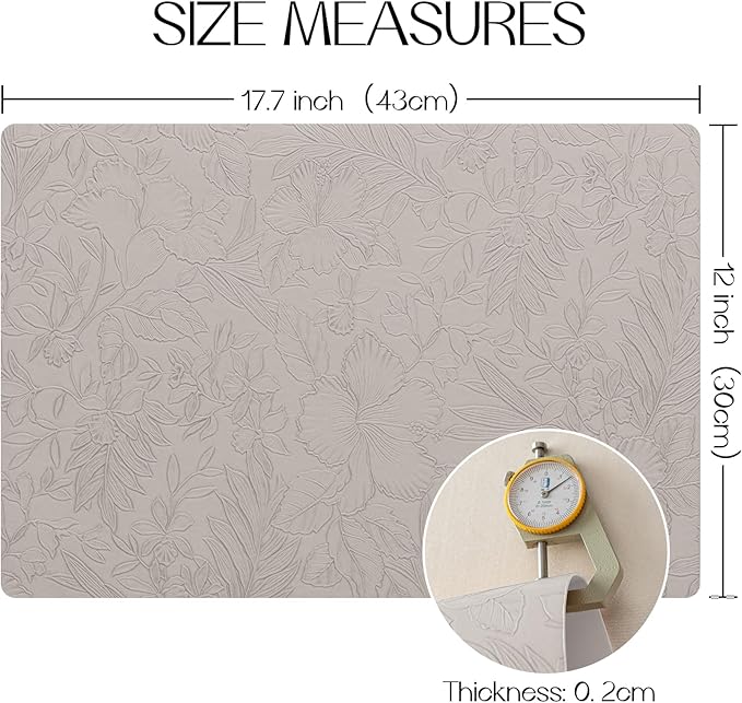 Romanstile Vinyl Placemats Set of 6-12 X 18 Inch - Heat Resistant Non-Slip Embossed Floral Place Mats 100% Waterproof Oilproof Wipeable Faux Leather Table Mats for Kitchen/Dining/Party, LightGrey