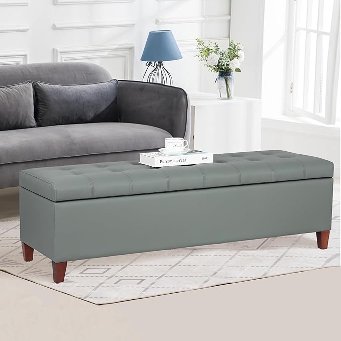 Joveco 51 Inch Storage Ottoman Bench,Tufted Leather Storage Bench for Bedroom (51??Gray Green)