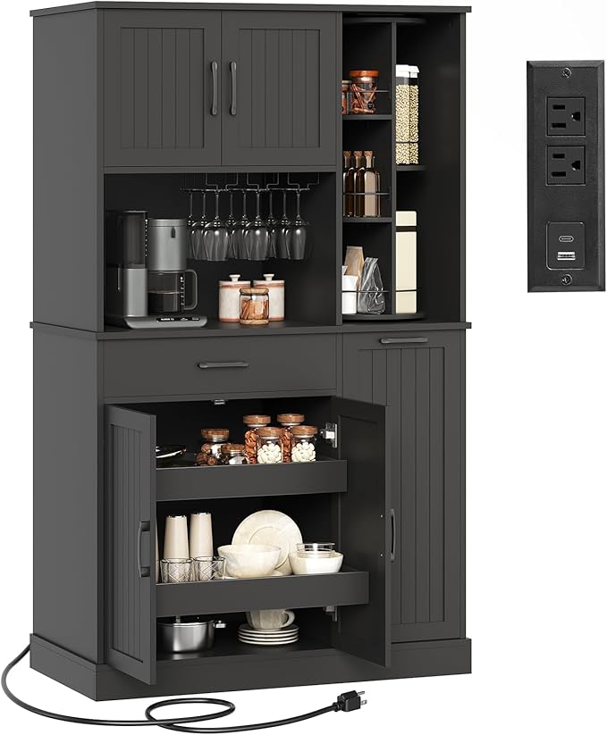 Pantry Cabinet, 67.7" Tall Kitchen Pantry Storage Cabinet with 360째 Rotating Shelf & 2 Pull-Out Racks, Freestanding Kitchen Hutch with Charging Station & Drawer, for Dining Room, Black