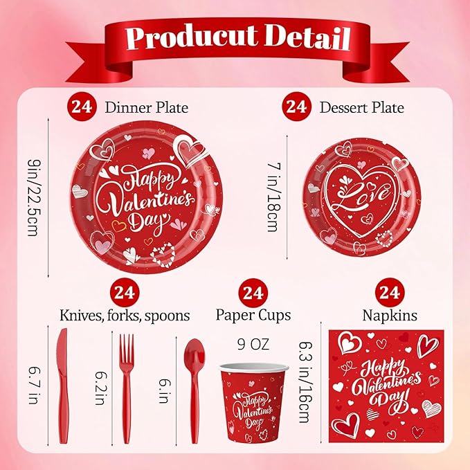 168 Pcs Valentine's Day Tableware Set - Serves 24, Heart & Love-Themed Disposable Paper Plates, Cups, Napkins, Forks, Spoons, Knives for Valentines Day Party, Wedding ,Bridal Shower,Holiday Gatherings