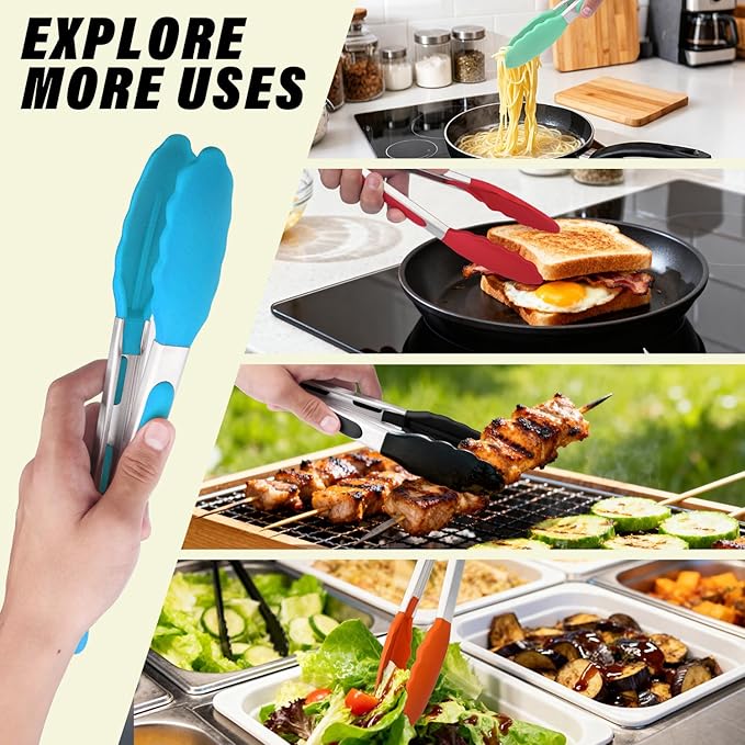 Salad Tongs, 7/9/12/16 Inch Silicone Food Tongs with 304 Stainless Steel Core, Easy-Grip, in Pistachio, Black, Blue, Orange, Red (Blue, 16inch)