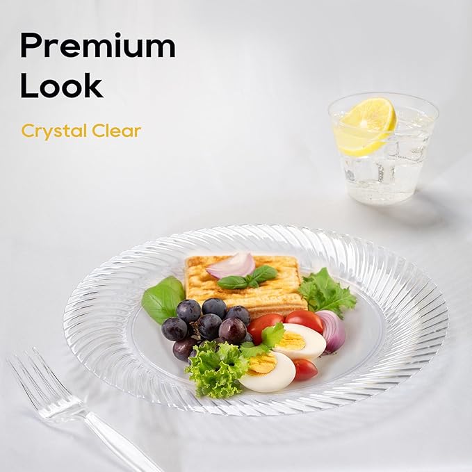 FOCUSLINE 7 Inch Clear Plastic Plates, 100 Count Disposable Heavy Duty Salad Dessert Plates, Premium Hard Plastic for Weddings, Parties & Events
