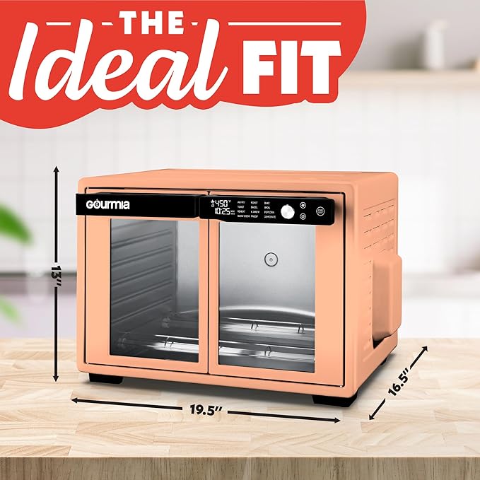 Gourmia French Door Air Fryer Oven - 37 Qt Large Capacity Convection Toaster Oven, FryForce 360°, Digital Display, 12 Cooking Presets, Dehydrate, Fits 13??Pizza, Dishwasher-Safe, Peach