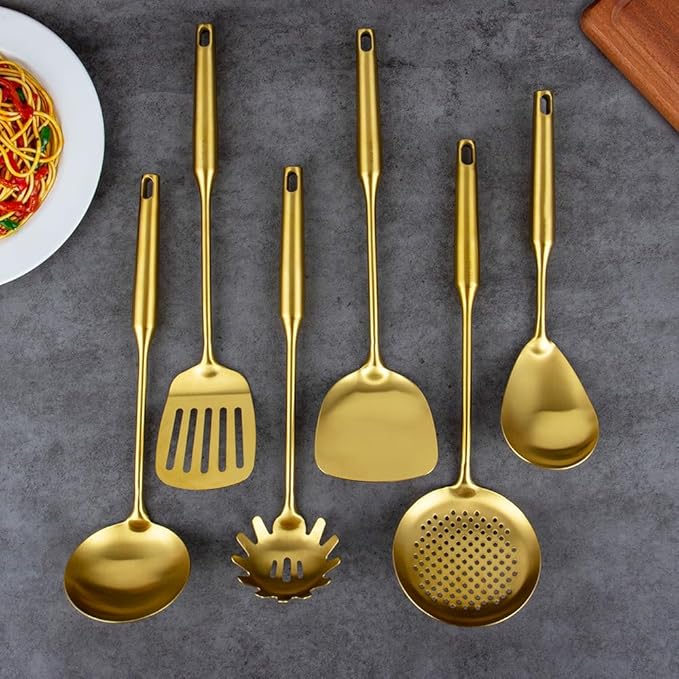 Gold 304 Stainless Steel Kitchen Utensils Set, VALESKA 6 PCS Metal Cooking Utensils Set, metal spoon,Wok Spatula, Ladle, Skimmer Slotted Spoon, Serving Large Spoon, Slotted Spatula Tunner