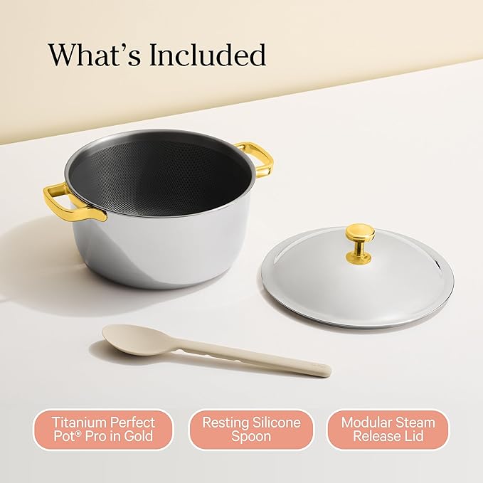 Our Place Titanium Perfect Pot Pro | 6.75 Qt Stock Pot with Lid & Silicone Spoon | PFAS-Free Nonstick, Fully-Clad Tri-Ply Stainless Steel & Aluminum | Induction & Oven-Safe up to 750째F | Gold