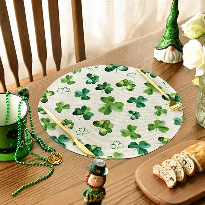Artoid Mode Lucky Shamrock St. Patrick's Day Round Placemats Set of 4,14 Inch Seasonal Spring Farmhouse Table Mats for Party Kitchen Dining Decoration