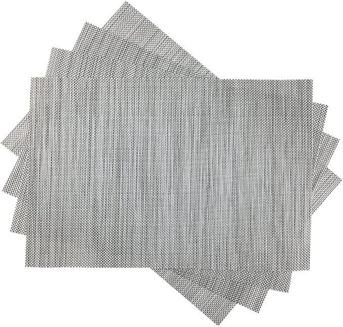 WAZAIGUR Placemats,Easy to Clean Crisscross Woven Vinyl Place Mats Durable Non-Slip Heat Resistant Table Mats,Placemats for Kitchen Table Set of 4,Silver and Black
