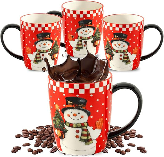 HASENSE Coffee Mugs, 15 OZ Coffee Cups Ceramic Set of 4 with Handle and Snowman Patterns for Man Woman, Colorful Christmas Porcelain Coffee Cups Set for Tea, Cocoa, Milk, Latte and Cappuccino