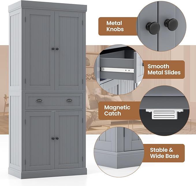 DORTALA 72??Tall Kitchen Pantry Cabinet, Wood Storage Cupboard w/ 4 Adjustable Shelves, 2 Cabinets & Drawer, Utility Freestanding Storage Cabinet for Kitchen, Hallway, Living Room, Grey