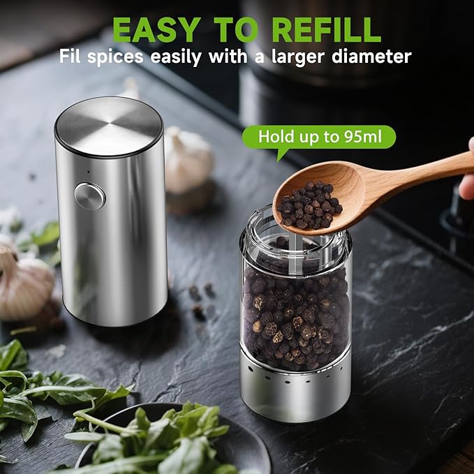 Electric Salt and Pepper Grinder Set, Rechargeable Salt and Pepper Shaker with LED light and Charging Base, Automatic Salt Pepper Mill Grinders with 6 Adjustable Coarseness, One-Hand Operation