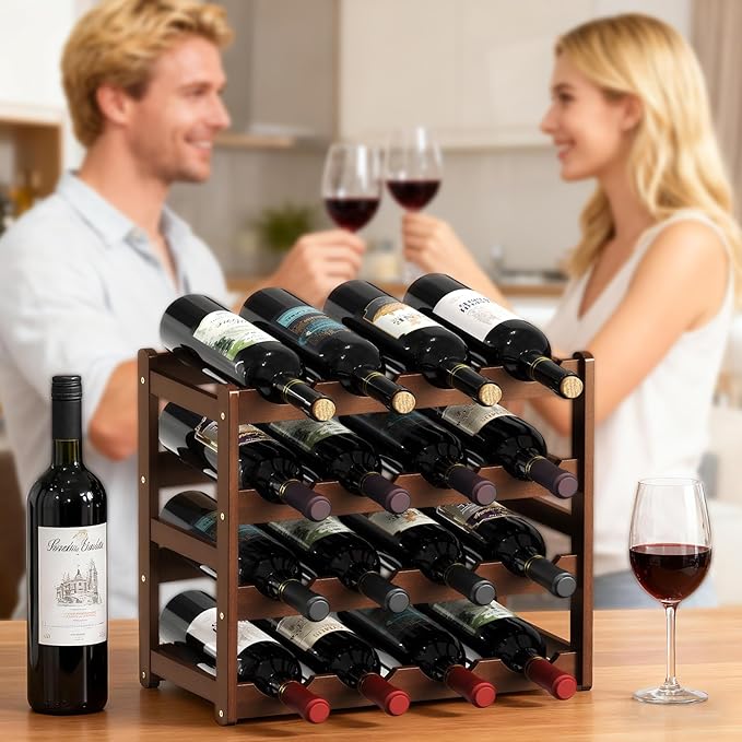 Wine Rack 16-Bottle Capacity, Space-Saving Countertop Wine Storage Organizer ??Sturdy Bamboo Wine Holder for Kitchen, Bar,Cabinets & Pantry, Easy Access & Clutter-Free Organization(4-Tiers)