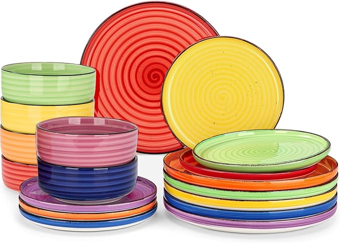 Alntlsiss Bonita Dinnerware Sets 18 Pieces, Blue Stoneware Dishes Set for 6, Plates Set and Bowls Sets, Dishwasher and Microwave Safe (Vibrant 18, large)