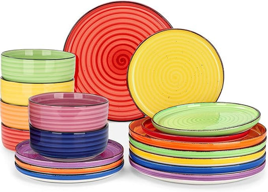 Alntlsiss Bonita Dinnerware Sets 18 Pieces, Blue Stoneware Dishes Set for 6, Plates Set and Bowls Sets, Dishwasher and Microwave Safe (Vibrant 18, large)